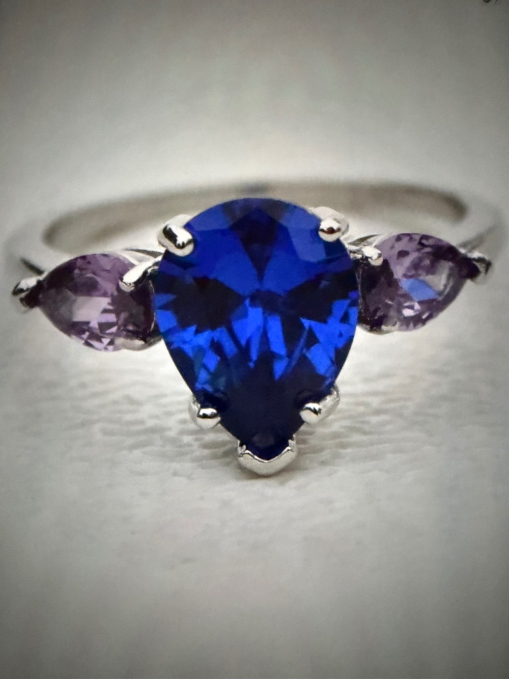 Blue Sapphire and Amethyst Ring: Teardrop Pear Gemstone, 14kt White Gold/Silver